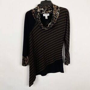 Joseph Ribkoff Womens Striped Leopard Asymmetrical Cowl Neck Tunic Top Black 8